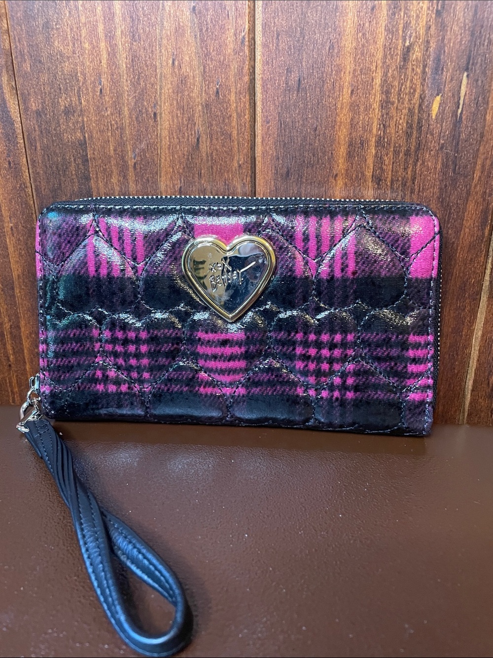 Betsey Johnson Pink and Black Quilted Heart Zip Wristlet